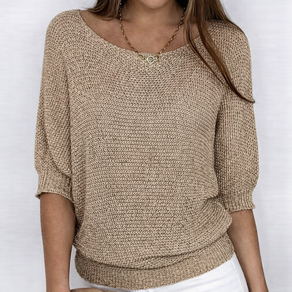 Women's open-knit sweater with wide neckline and three-quarter sleeves