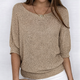 Women's open-knit sweater with wide neckline and three-quarter sleeves