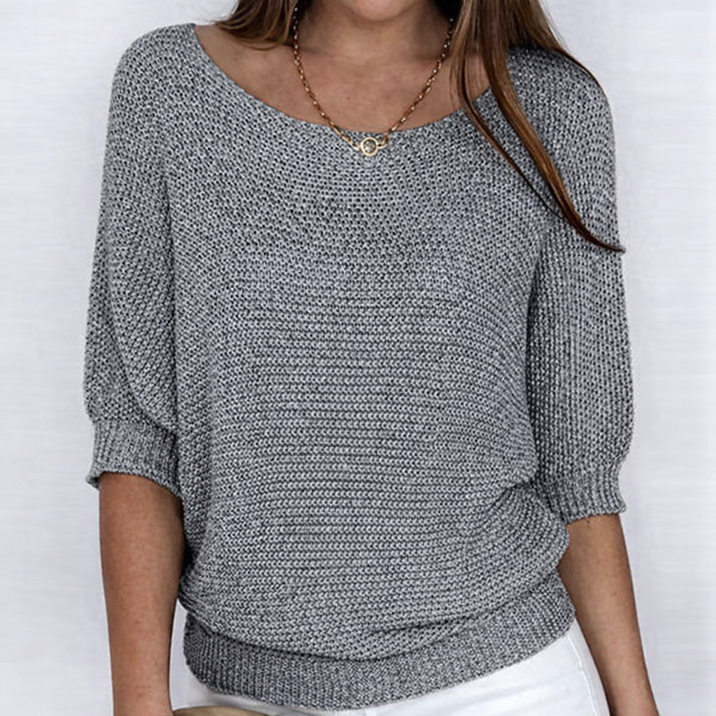 Women's open-knit sweater with wide neckline and three-quarter sleeves