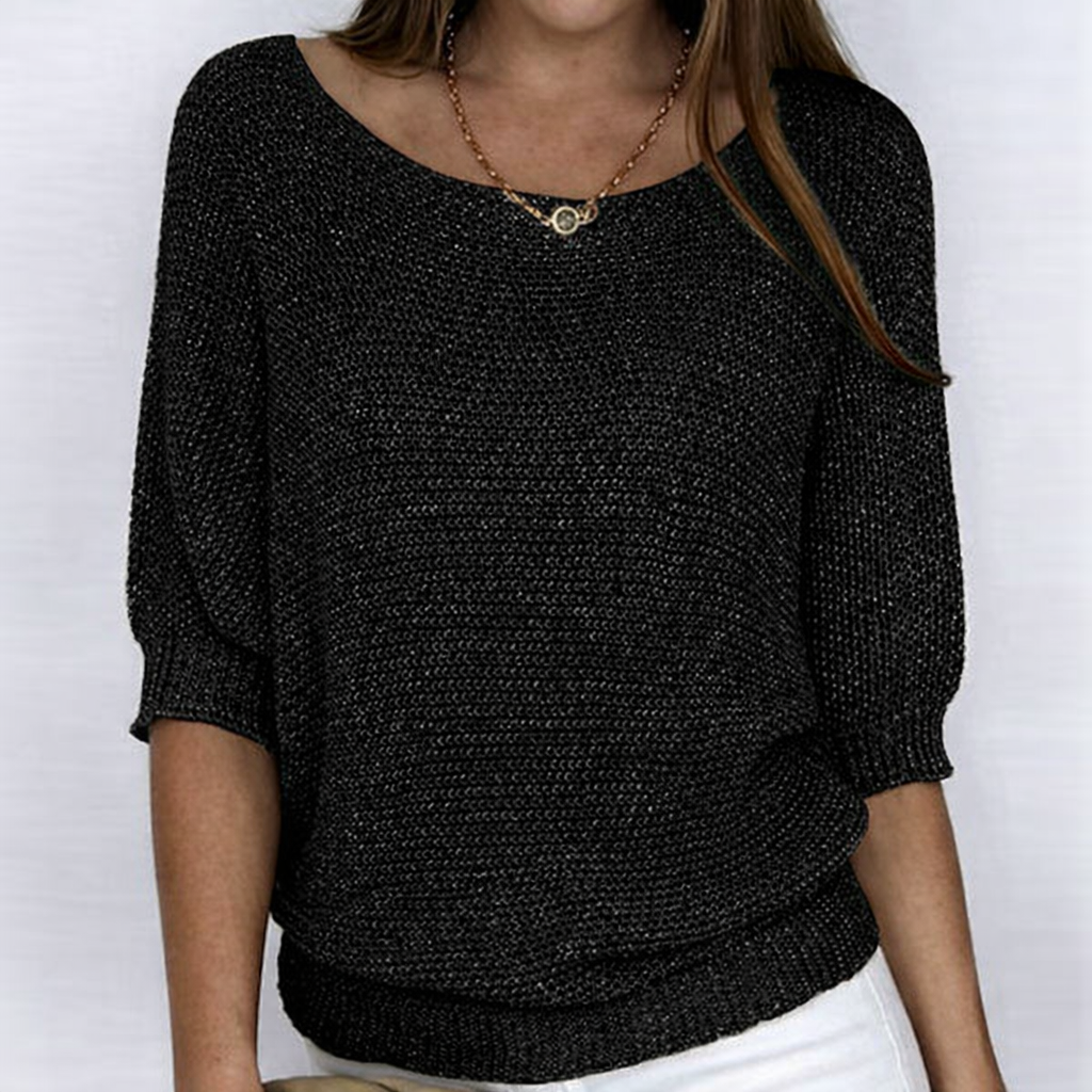 Women's open-knit sweater with wide neckline and three-quarter sleeves