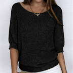 Women's open-knit sweater with wide neckline and three-quarter sleeves