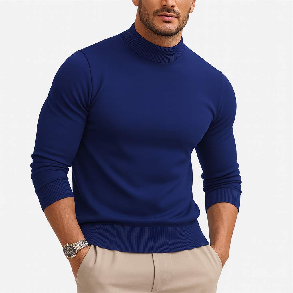 Men's fine knit turtleneck sweater with long sleeves and ribbed trims