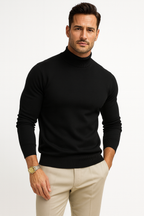 Men's fine knit turtleneck sweater with long sleeves and ribbed trims
