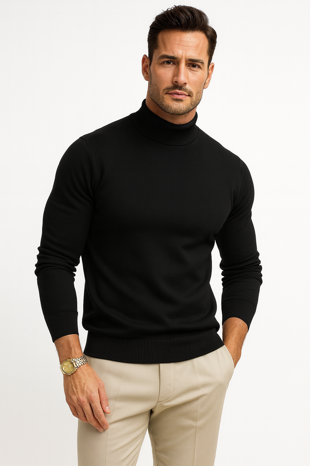 Men's fine knit turtleneck sweater with long sleeves and ribbed trims