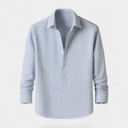 Men's striped button-up shirt with point collar and rolled sleeves