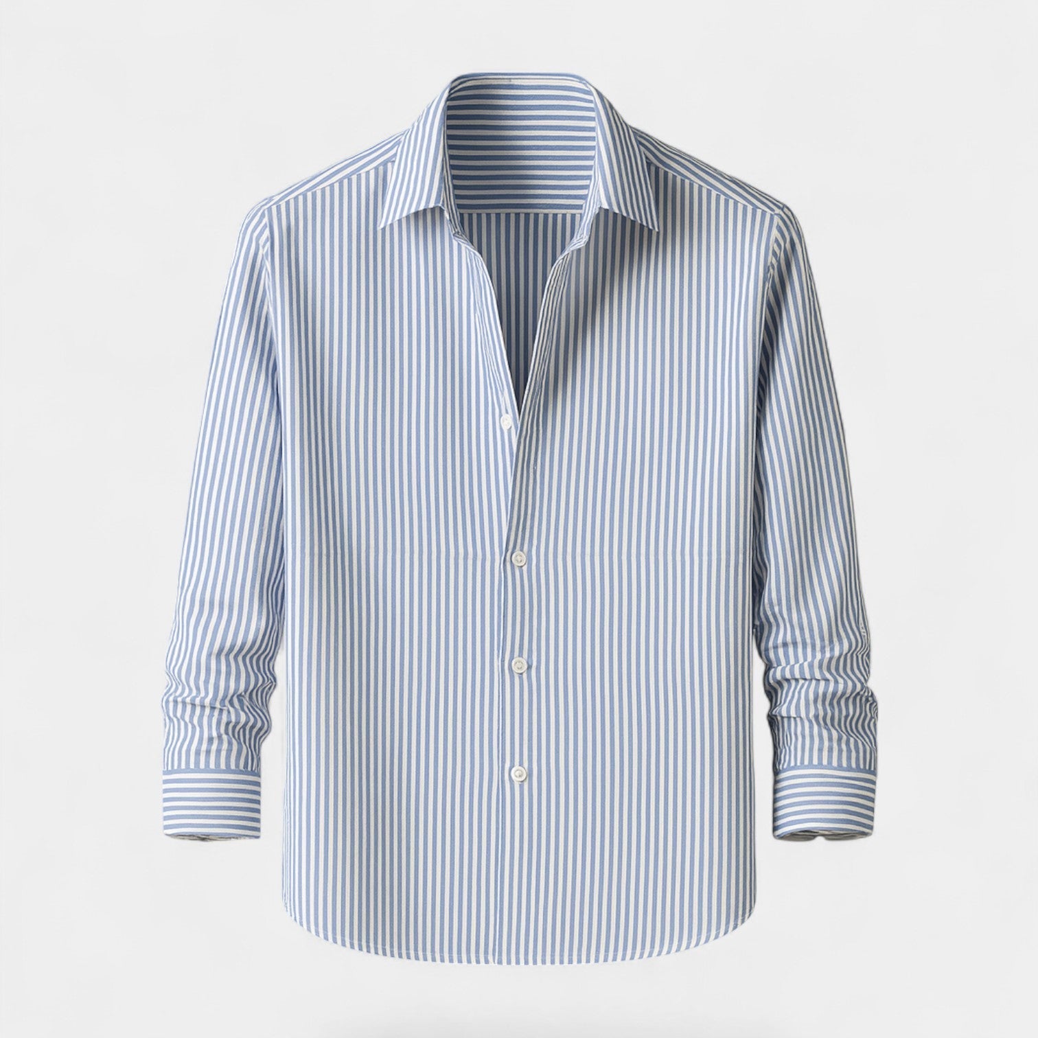 Men's striped button-up shirt with point collar and rolled sleeves