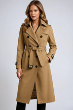Women's long double-breasted trench coat with belt, lapel collar and cuff buckles