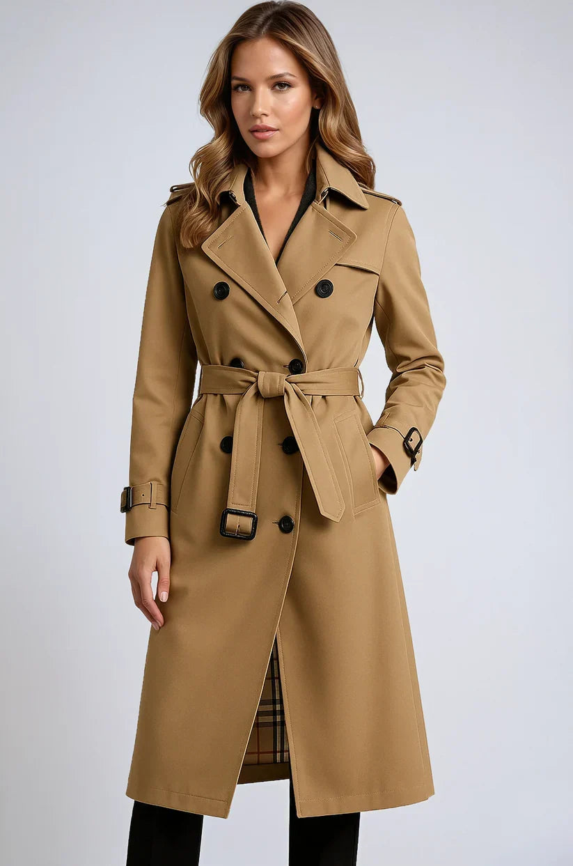 Women's long double-breasted trench coat with belt, lapel collar and cuff buckles