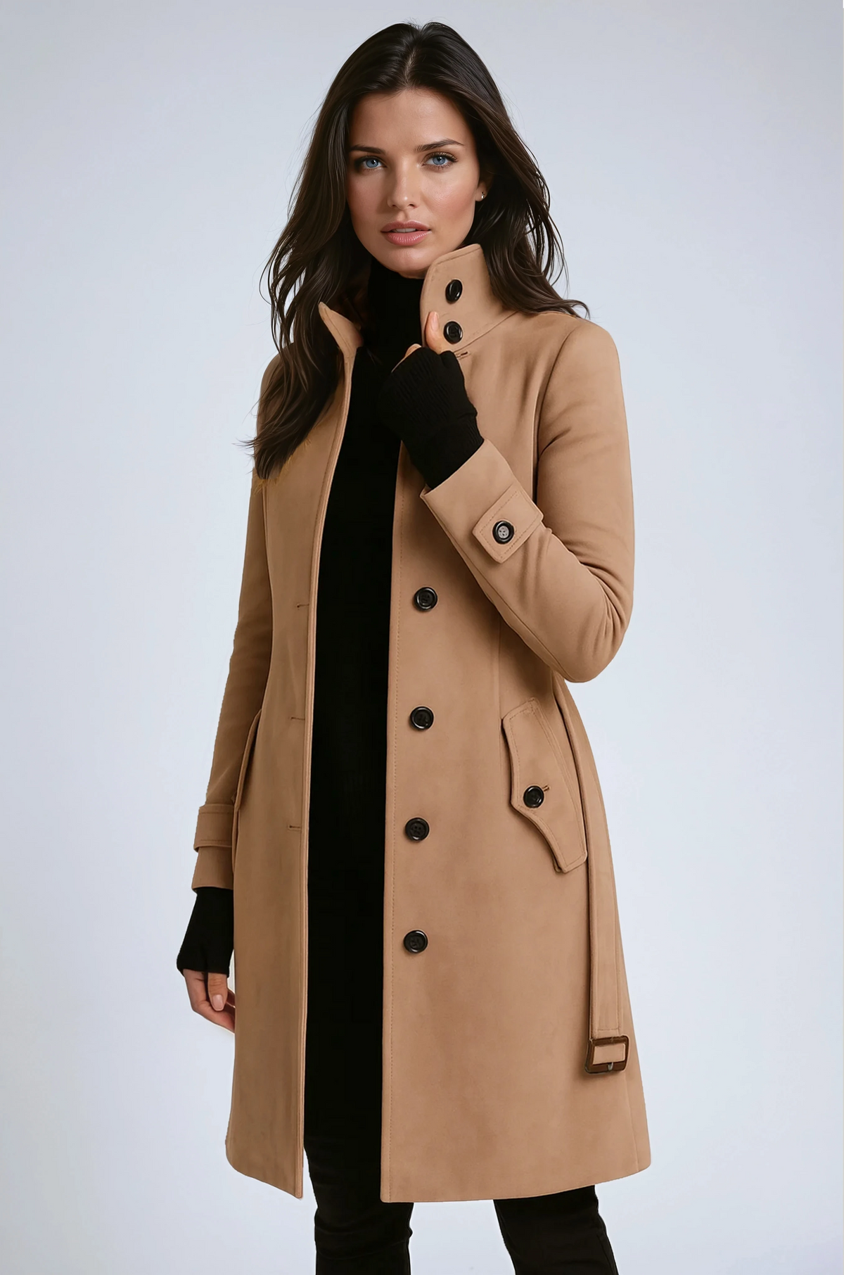 Women's high-collar button trench coat with flap pockets
