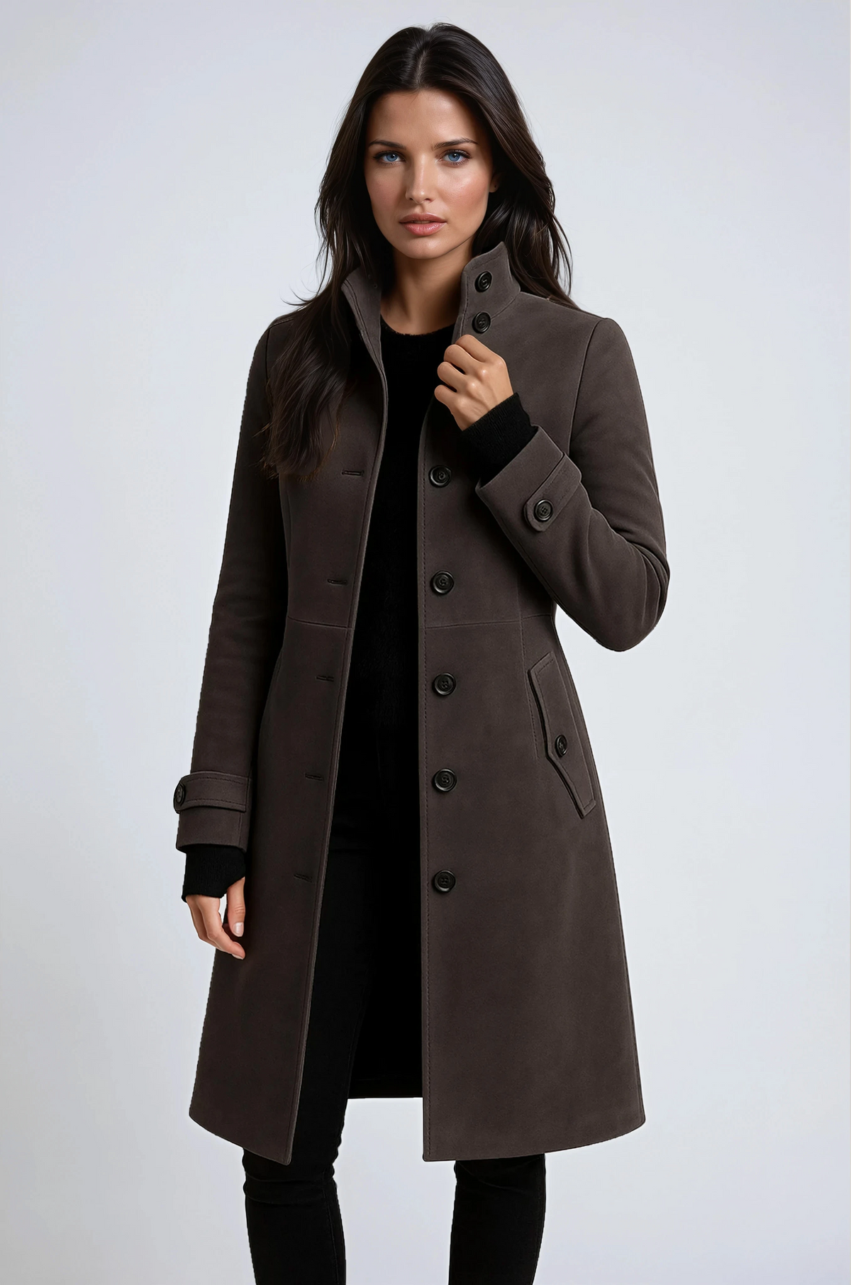 Women's high-collar button trench coat with flap pockets