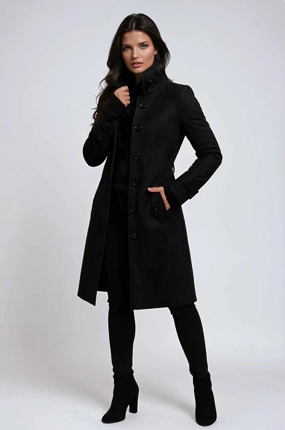 Women's high-collar button trench coat with flap pockets