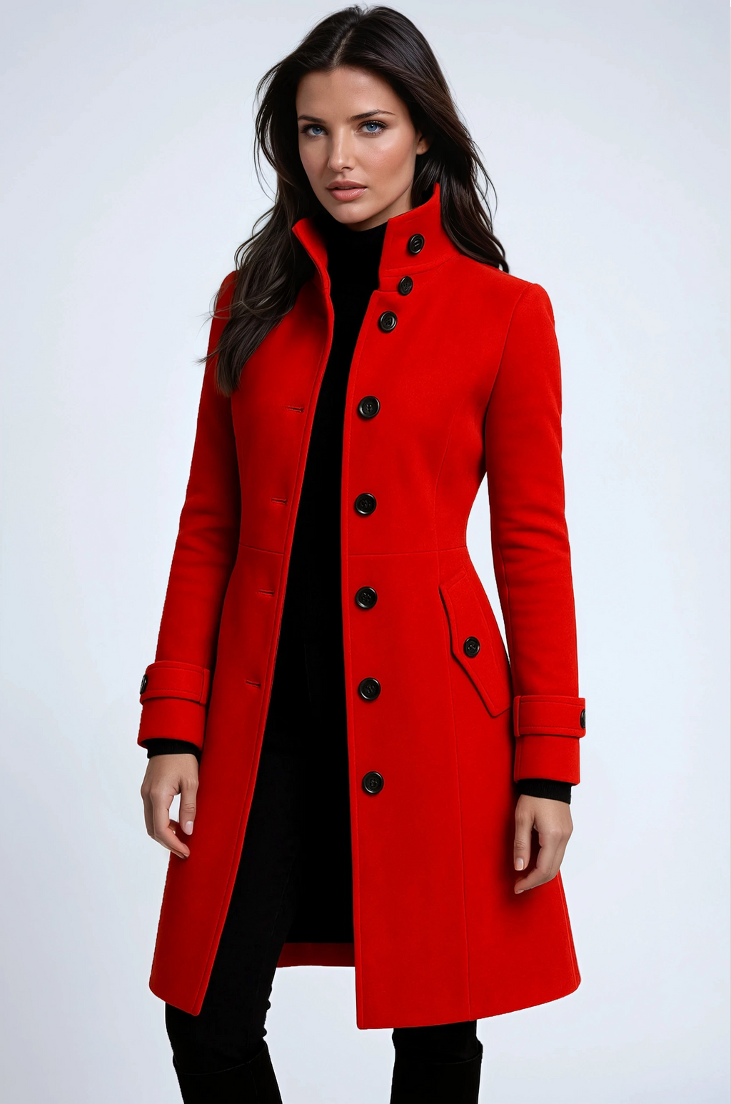 Women's high-collar button trench coat with flap pockets