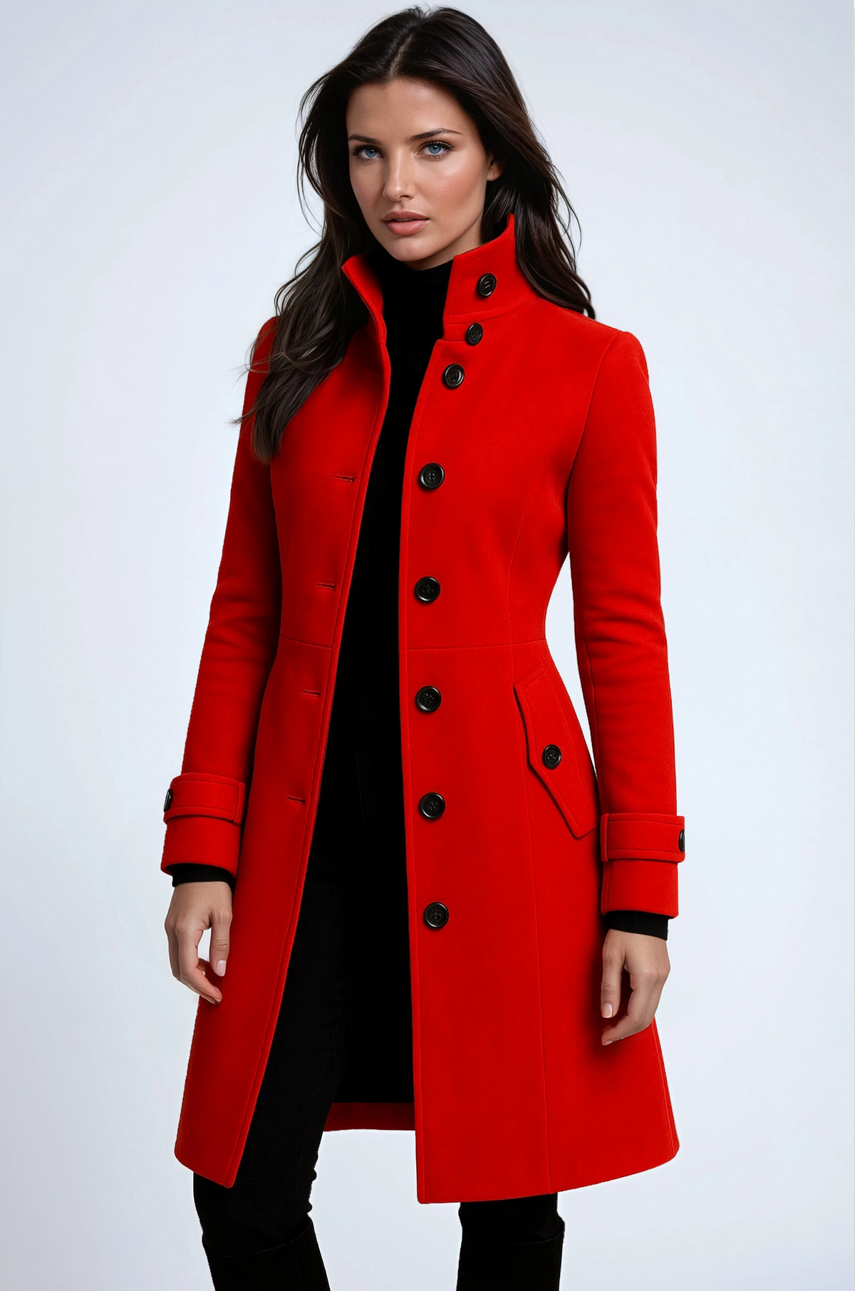 Women's high-collar button trench coat with flap pockets