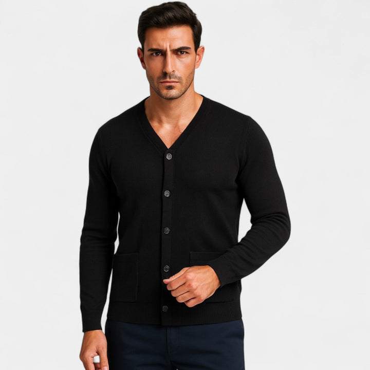 Men's long-sleeve V-neck cardigan with button front and patch pockets