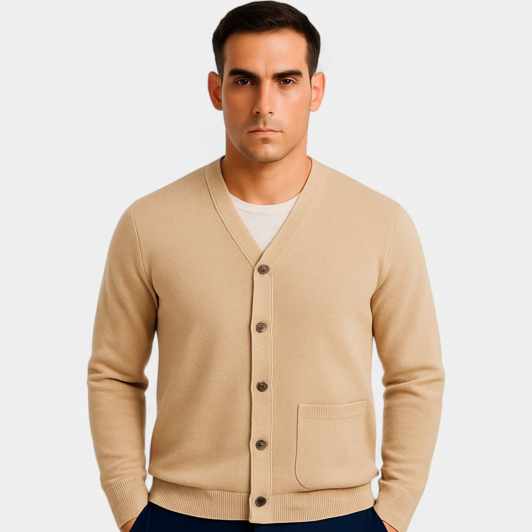 Men's long-sleeve V-neck cardigan with button front and patch pockets