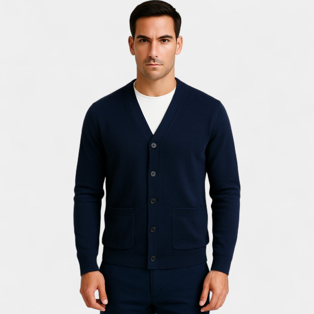 Men's long-sleeve V-neck cardigan with button front and patch pockets