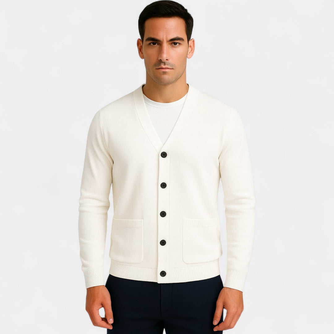 Men's long-sleeve V-neck cardigan with button front and patch pockets