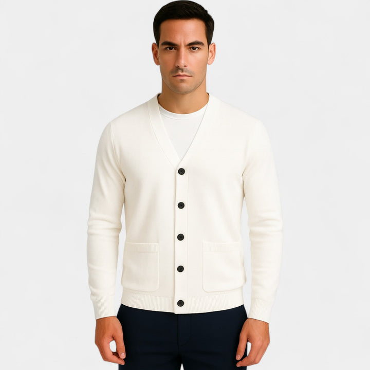 Men's long-sleeve V-neck cardigan with button front and patch pockets