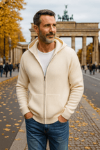 Men's textured hooded zip cardigan with long sleeves and front pockets