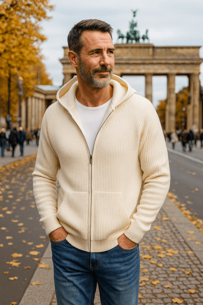 Men's textured hooded zip cardigan with long sleeves and front pockets