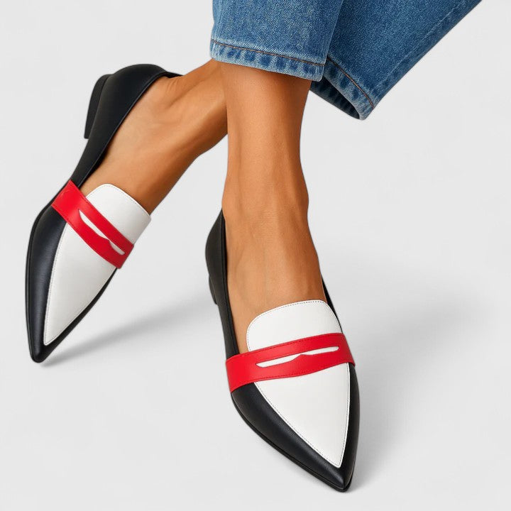 Women's white pointed loafers with red strap and black trim