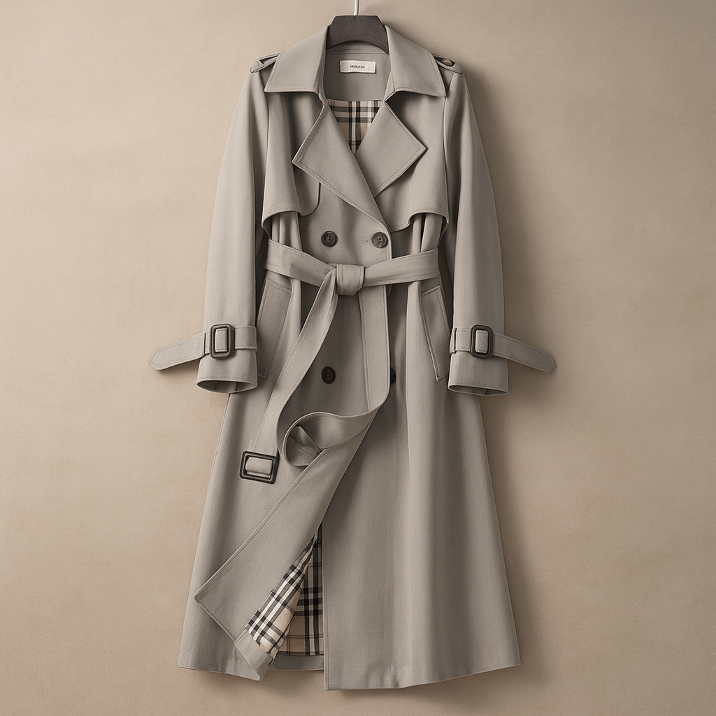 Women's belted double-breasted trench coat with checked lining