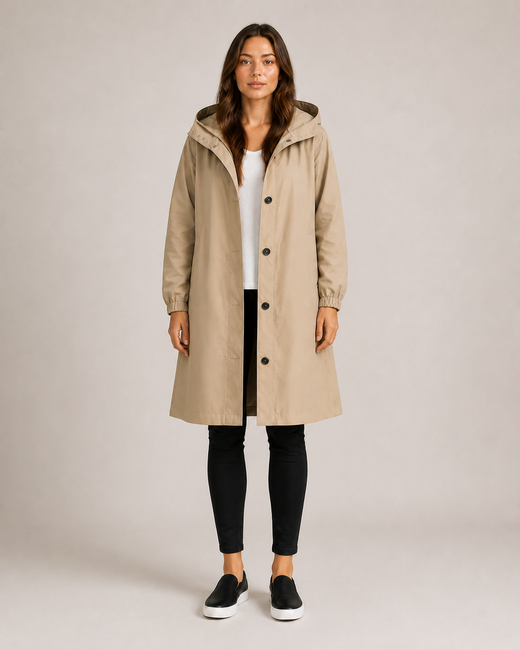 Women's hooded mid-length rain coat with button front and side pockets