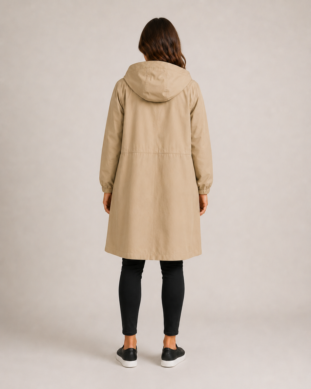 Women's hooded mid-length rain coat with button front and side pockets