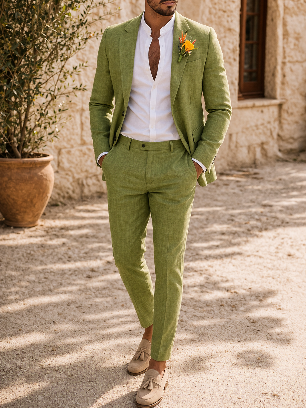 Men's tailored two piece suit with notch lapel and matching trousers