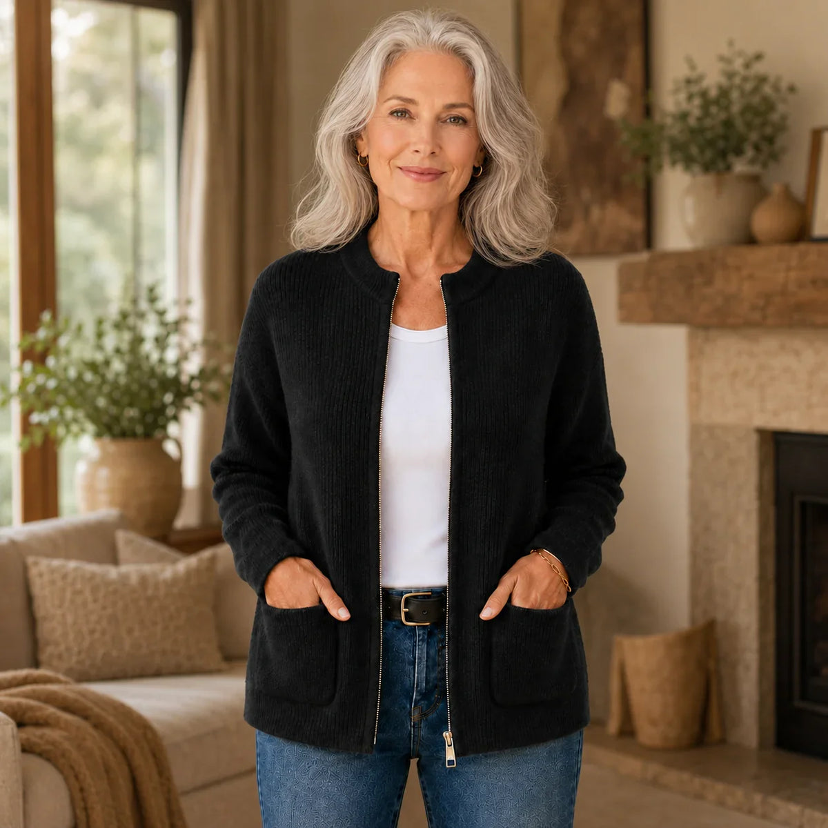 Women's ribbed knit cardigan with zip front and patch pockets