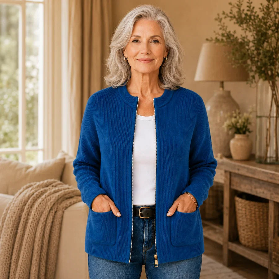 Women's ribbed knit cardigan with zip front and patch pockets