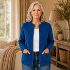 Women's ribbed knit cardigan with zip front and patch pockets