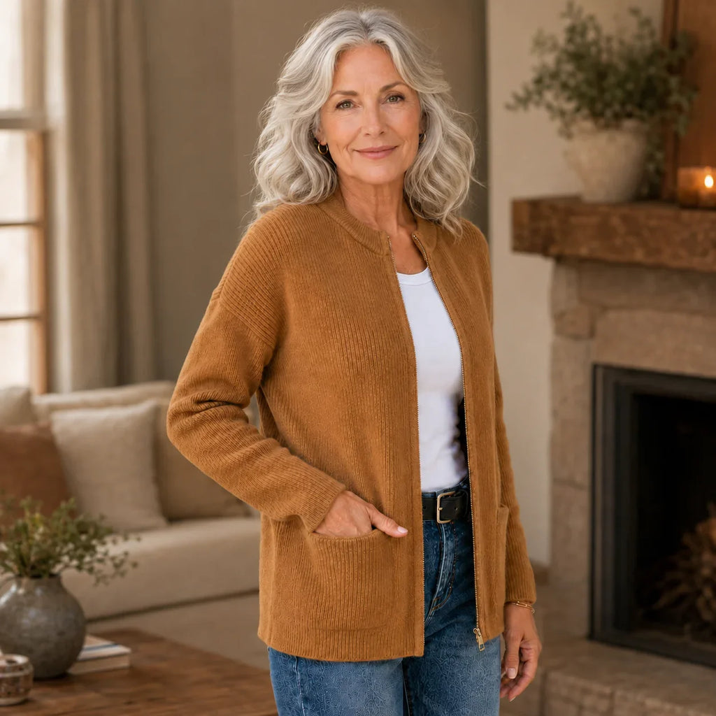 Women's ribbed knit cardigan with zip front and patch pockets