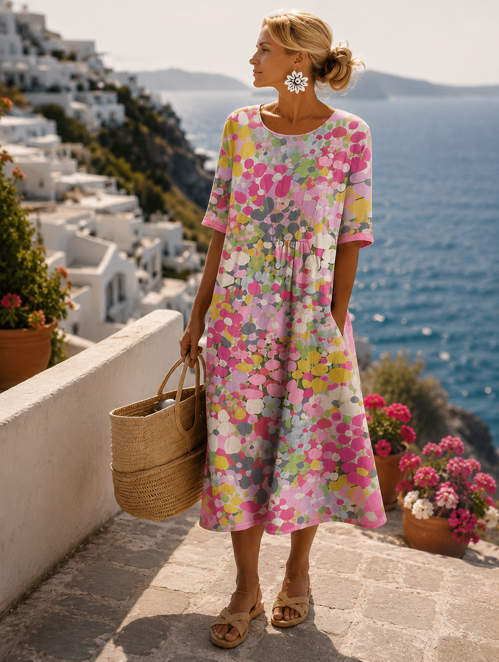 Women's multicoloured floral midi dress with round neckline and three-quarter sleeves