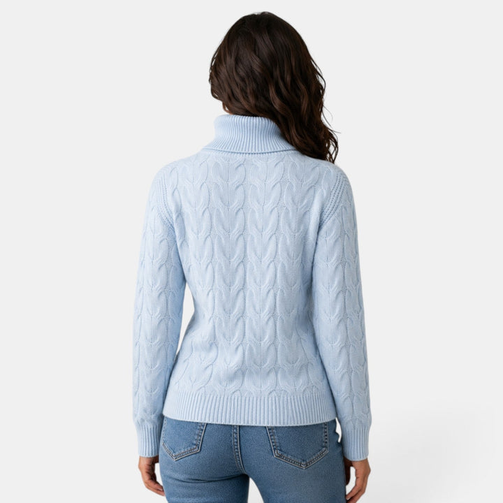 Women's cable-knit turtleneck jumper with long sleeves and ribbed trims