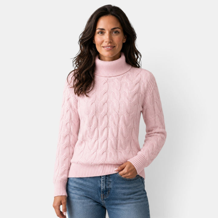 Women's cable-knit turtleneck jumper with long sleeves and ribbed trims