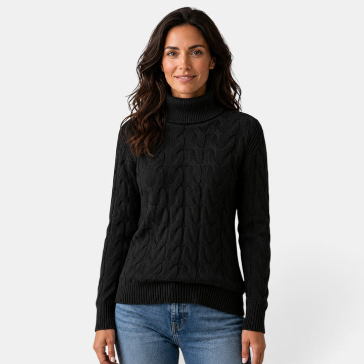 Women's cable-knit turtleneck jumper with long sleeves and ribbed trims