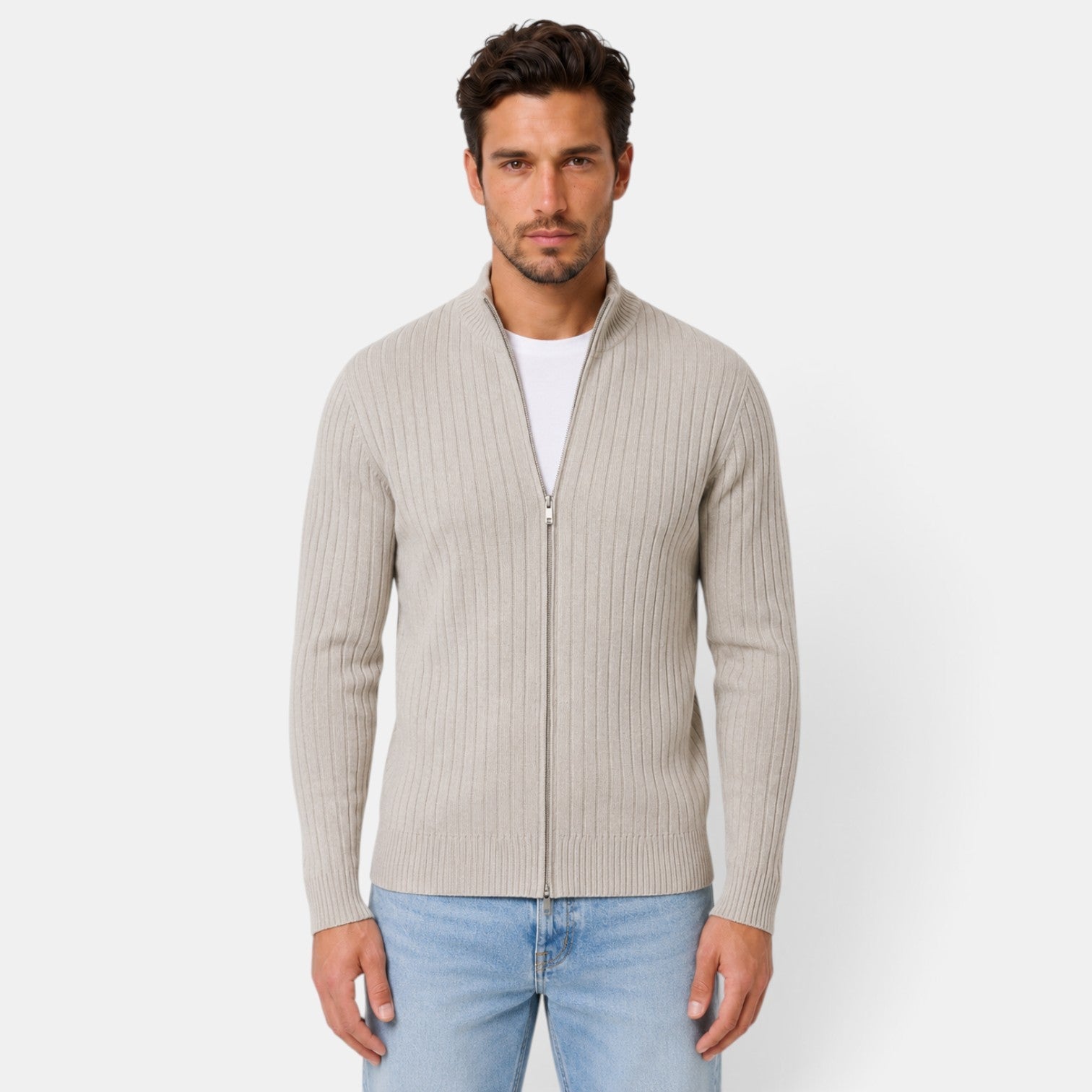 Men's ribbed knit cardigan with high collar and front zipper
