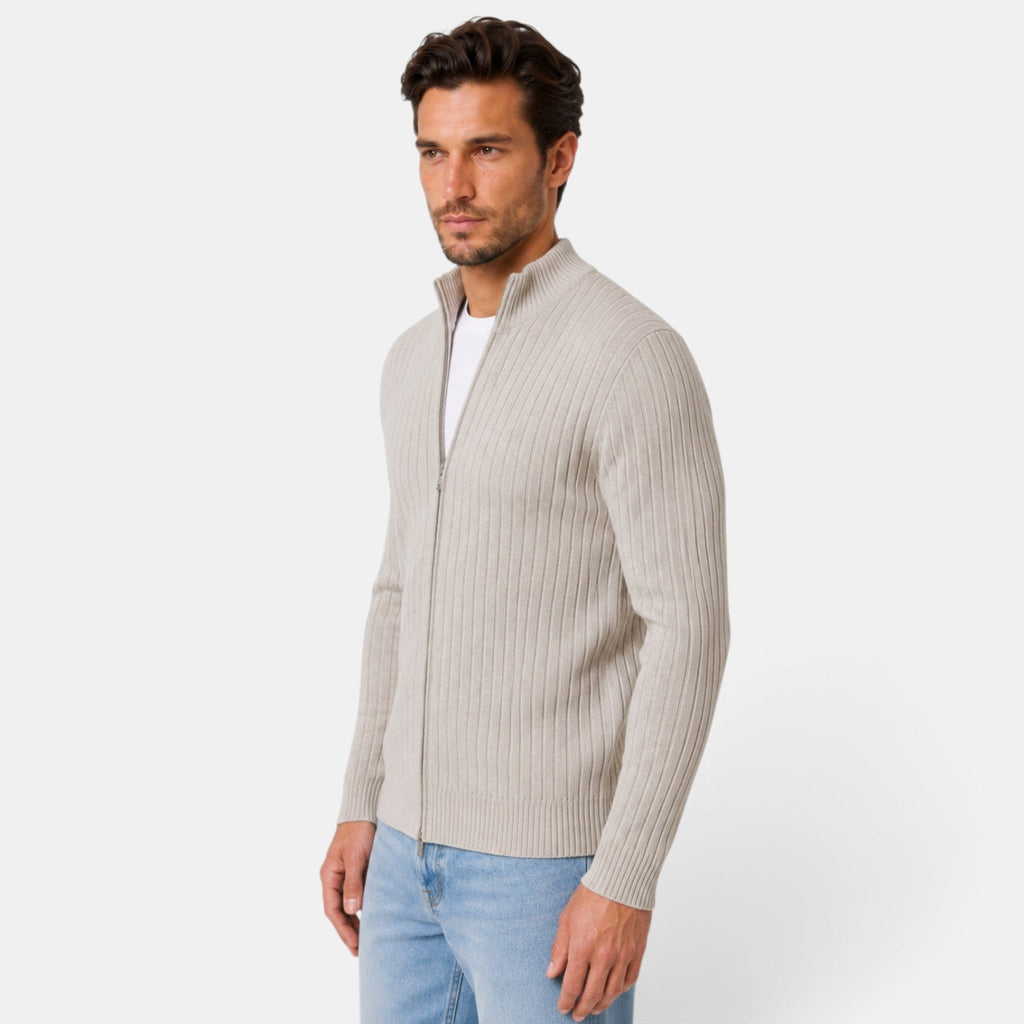 Men's ribbed knit cardigan with high collar and front zipper
