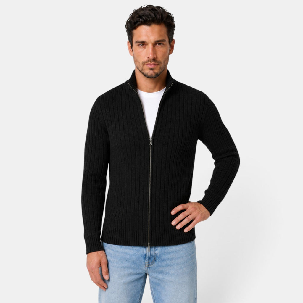 Men's ribbed knit cardigan with high collar and front zipper