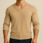Men's plain V-neck knit jumper with long sleeves and ribbed trims