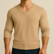 Men's plain V-neck knit jumper with long sleeves and ribbed trims
