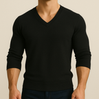 Men's plain V-neck knit jumper with long sleeves and ribbed trims