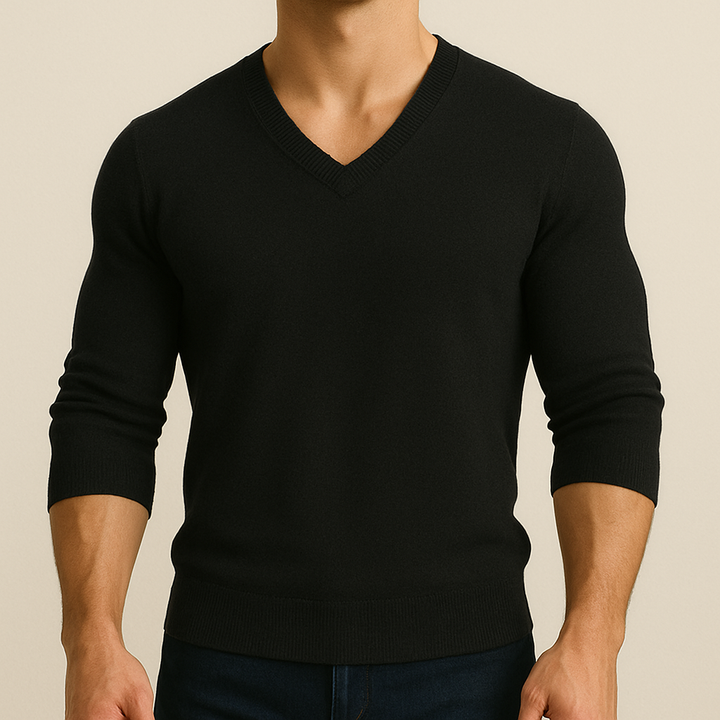 Men's plain V-neck knit jumper with long sleeves and ribbed trims