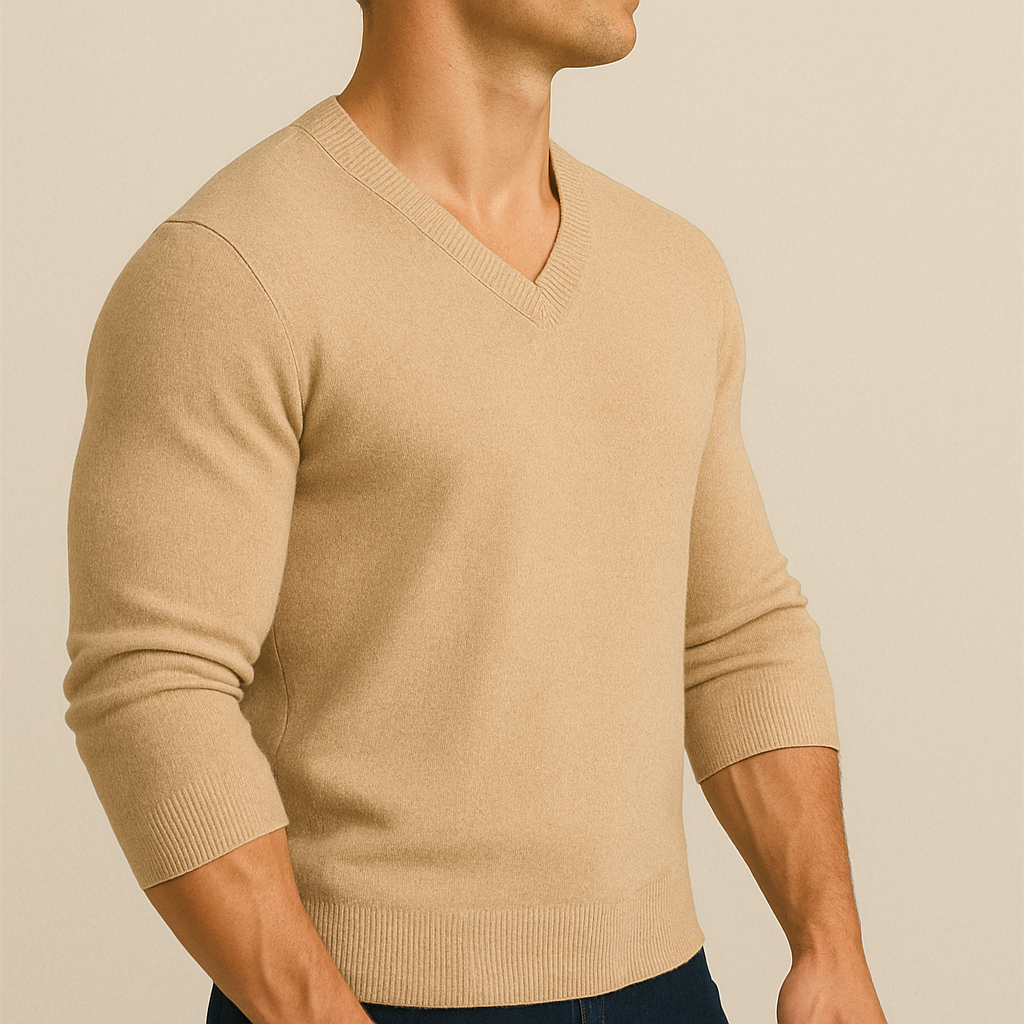 Men's plain V-neck knit jumper with long sleeves and ribbed trims