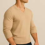 Men's plain V-neck knit jumper with long sleeves and ribbed trims