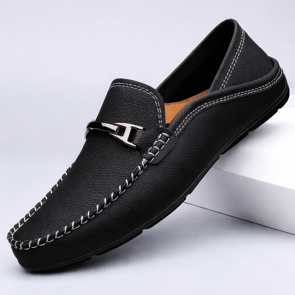 Men's slip-on loafers with moc toe stitching and metal bit detail
