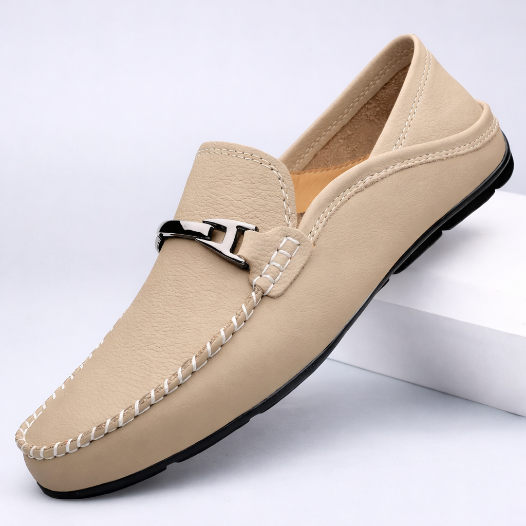 Men's slip-on loafers with moc toe stitching and metal bit detail