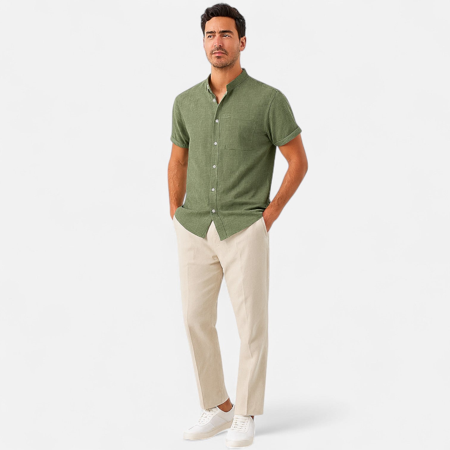 Men's textured short sleeve shirt with mandarin collar and chest pocket