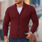 Men's cable knit cardigan with shawl collar and button front